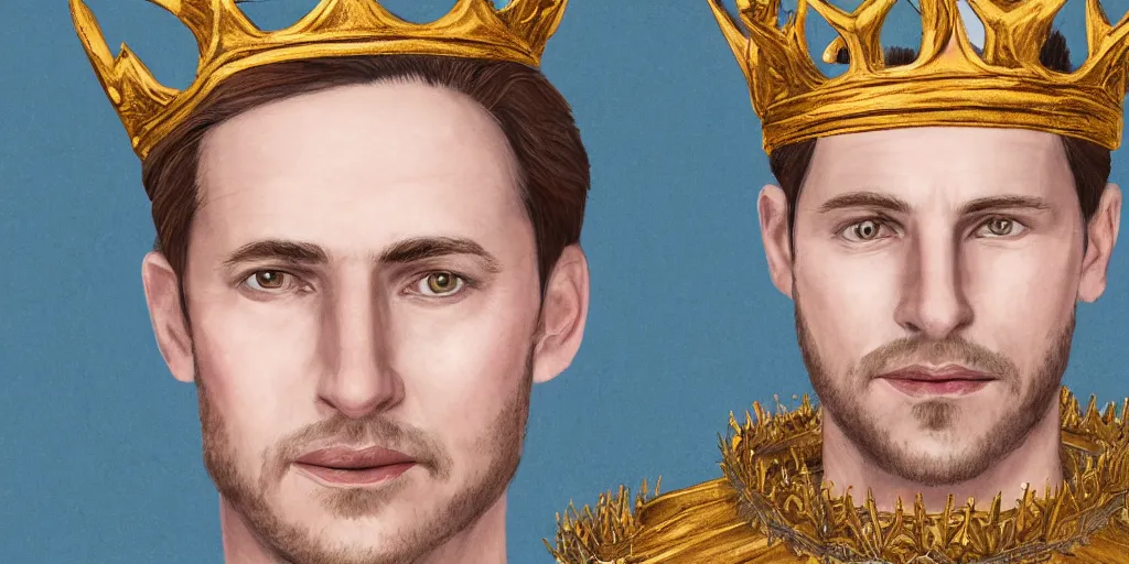 Image similar to realistic portrait of the future king with golden crown and pretty eyes, ultra realistic, 8k