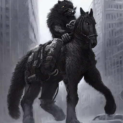 Prompt: a gigantically musclebound black - furred male anthro horse in a tactical outfit in a city warzone, absurdly hulking physique, furaffinity, furry art, highly detailed, digital painting, artstation, sharp focus, smooth, concept art, illustration, art by artgerm, greg rutkowski, wlop