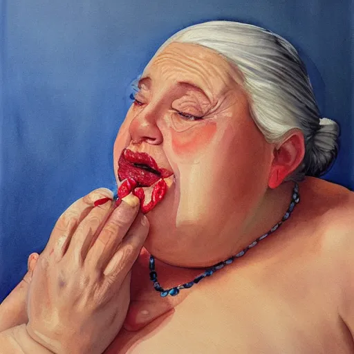 Prompt: of a very funny oil painting of a sweet fat old woman kissing herself. symmetrical face, red mouth, blue eyes. a flowered dress. a hyper - realistic scene. 3 d, octane processing, deep focus, white scene. a very funny and sweet picture. unreal engine. watercolor. fellini cinematic style. poster quality. freud painting style.