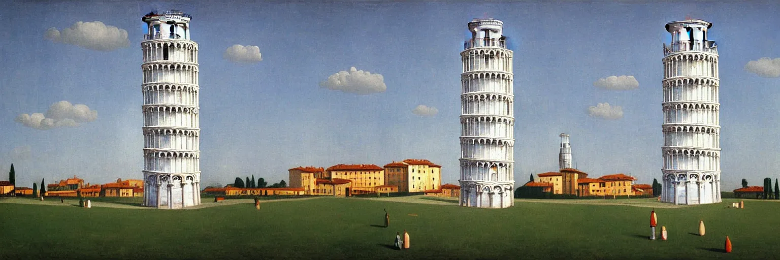 Prompt: Leaning Tower of Pisa oil painting magritte