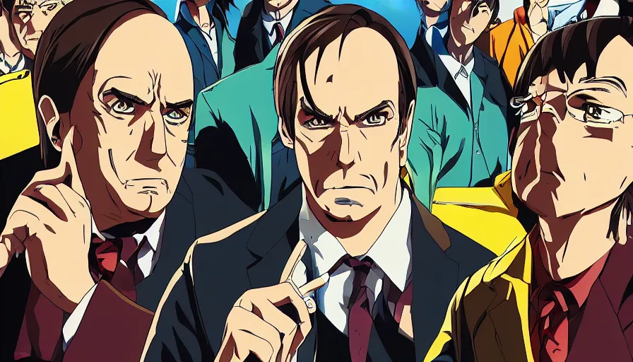 Image similar to better call saul anime key visual art, anime, pixiv fanbox, shinkai makoto style