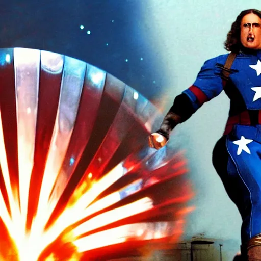 Image similar to film still of weird al as captain america, full body shot, hero pose, fireworks in the background