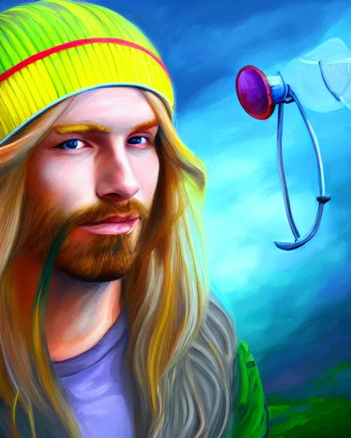 Prompt: colorful painting of a man with long blonde hair and a propeller hat, matte painting, trending on art station, ultra - detailed, hq