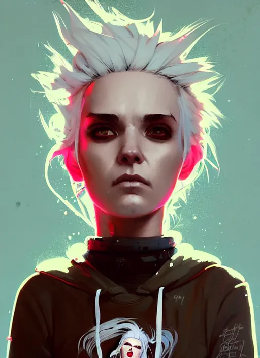 Image similar to highly detailed portrait of a sewer punk canadian lady, tartan hoody, white hair by atey ghailan, by greg rutkowski, by greg tocchini, by james gilleard, by joe fenton, by kaethe butcher, gradient red, brown, blonde cream and white color scheme, grunge aesthetic!!! ( ( graffiti tag wall background ) )