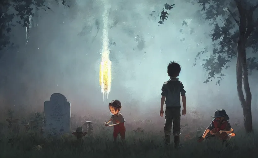 Image similar to a painting of the grave of the fireflies trending on artstation in the style of greg rutkowski