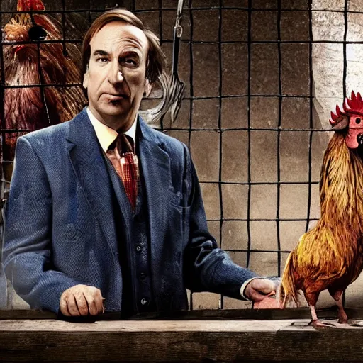 Prompt: saul goodman and a rooster in a saw movie torture chamber, jigsaw, saul goodman, rooster, photo