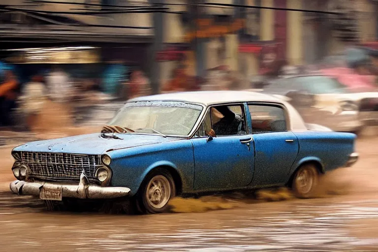 Prompt: street photography by fred herzog, award winning photo of an ultra detailed intricate dirty vintage ford car speeding very fast on mud, fast shutter speed, motion blur, tiny gaussian blur, highly detailed, highly intricate, depth of field, trending on top gear