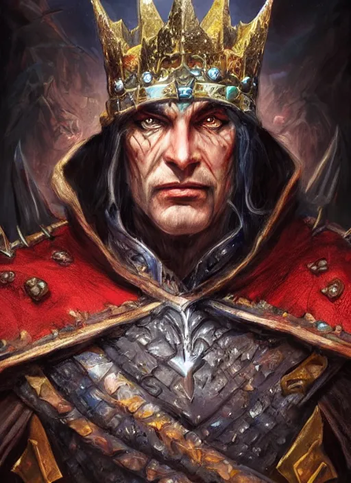 Prompt: evil king wearing diamong crown, ultra detailed fantasy, dndbeyond, bright, colourful, realistic, dnd character portrait, full body, pathfinder, pinterest, art by ralph horsley, dnd, rpg, lotr game design fanart by concept art, behance hd, artstation, deviantart, hdr render in unreal engine 5