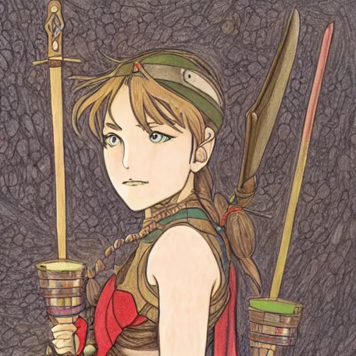 Image similar to medieval warrior girl, highly detailed, colored pencil, studio ghibli, mucha