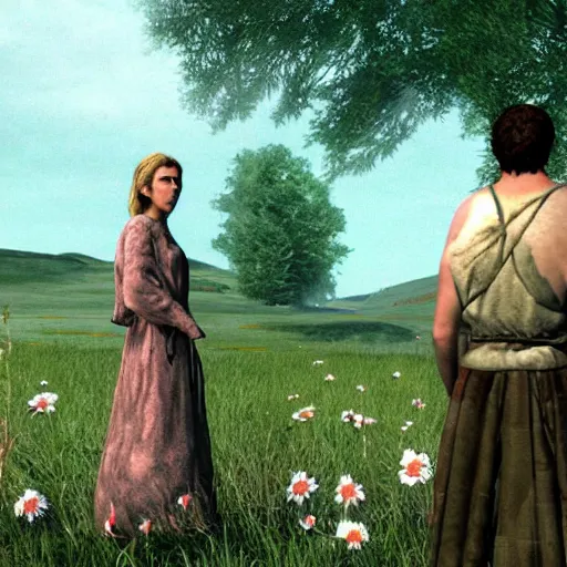 Prompt: a still from the movie midsommar, 2 0 0 3 dark chronicle graphics ps 2 visual aesthetic