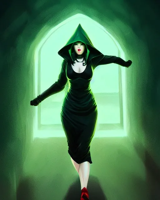 Prompt: artgerm, Mandy Jurgens art, Irina French art, cinematics lighting, beautiful Anna Kendrick supervillain, green dress with a black hood, angry, symmetrical face, Symmetrical eyes, full body, flying in the air over city, night time, red mood in background