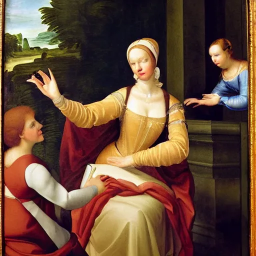 Image similar to renaissance painting of a lady in a white dress smiling at the camera whilest holding and pointing towards a smartphone.