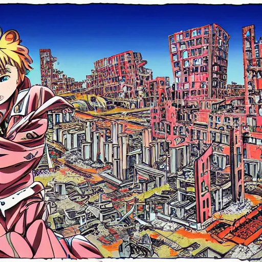 Prompt: The Stalingrad ruins | Colorfull pop art | art by Hirohiko Araki | Hirohiko Araki | Anime wallpaper | funky | colorful | cityscape | destroyed buildings | Stalingrad ruins | digital art