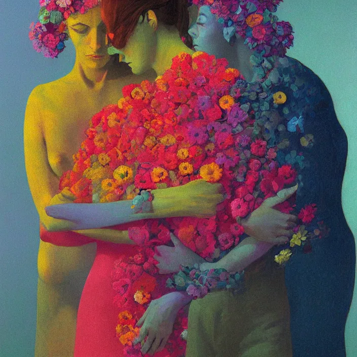 Prompt: portrait of women made of colorful fractal flowers hugging Edward Hopper and James Gilleard, Zdzislaw Beksinski, highly detailed