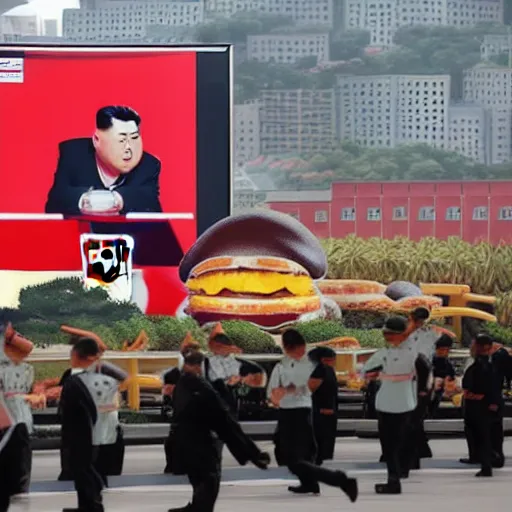 Image similar to mecha Kim Jong Un attacking Mcdonalds