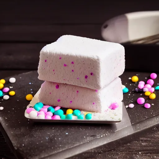 Prompt: photograph of delicious fluffy marshmallow cube with sprinkles on a dark wooden chopping board, pastel colours, professional food photography, photorealistic, depth of field, 4 k, canon 1 d, bohek