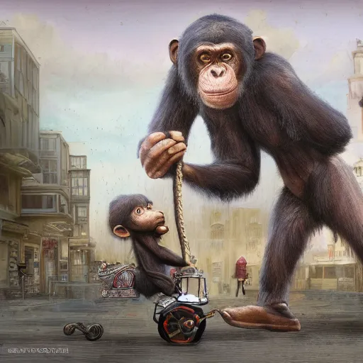 Image similar to a chimpanzee picking up pennies in a city street with a steam roller headed towards him, depth of field, fashion photoshoot by nicoletta ceccoli, mark ryden, lostfish, dan decarlo, bob clampett, max fleischer, breathtaking, detailed and intricate environment, 8 k resolution, hyperrealistic, octane render