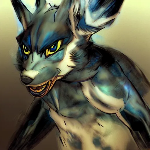 Image similar to Portrait of Lucario, made by Yoji Shinkawa, Highly detailed, fantasy themed, dynamic posing, concept art