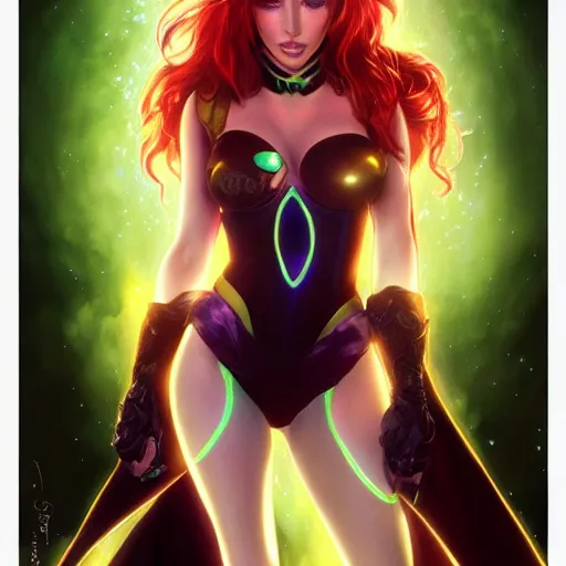 Image similar to ultra realistic illustration, bella thorne as starfire anime with glowing green eyes, intricate, elegant, highly detailed, digital painting, artstation, concept art, smooth, sharp focus, illustration, art by artgerm and greg rutkowski and alphonse mucha