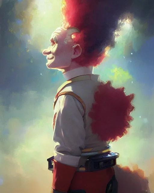 Image similar to krusty the clown in a spaceship pilot dress, portrait, illustration, rim light, top light, perfectly shaded, spring time, slight overcast lighting, soft painting, art by krenz cushart and wenjun lin