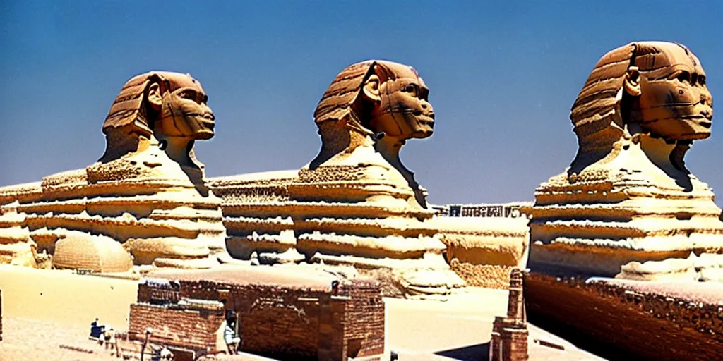 Prompt: a predator head on the great sphinx, wide angle establishing shot,