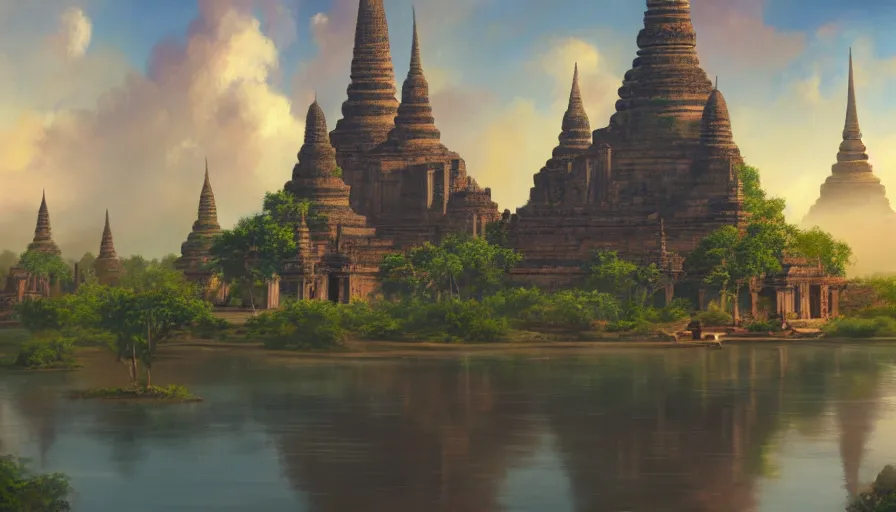 Image similar to ! dream matte painting of beautiful landscape of sukhothai, digital art trending on artstation, elegant, loin cloth, highly detailed, oil painting, artstation, concept art, matte, sharp focus, illustration, hearthstone, art by earl norem