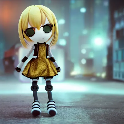 Image similar to cute fumo plush of a girl with prosthetic mechanical arms, golden velvet, bokeh, cyberpunk anime girl, vray