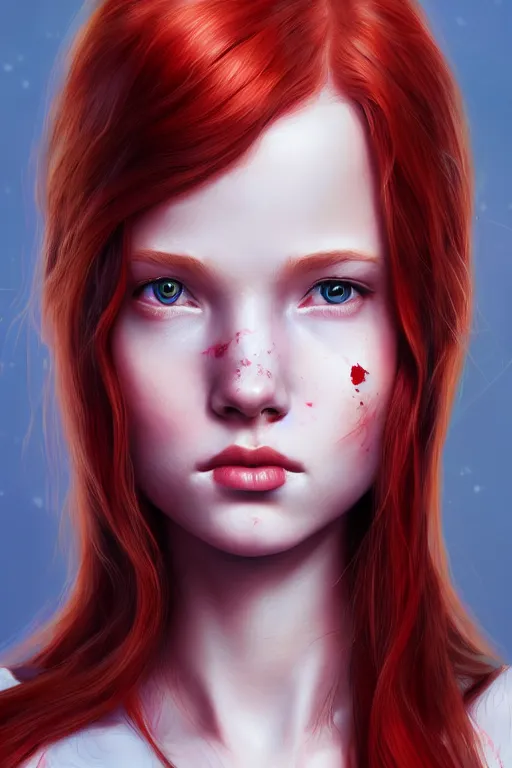 Prompt: ultra realistic style illustration of a cute red haired teen girl, 1 9 year old, sci - fi, fantasy, intricate, elegant, highly detailed, digital painting, artstation, concept art, smooth, sharp focus, illustration, 8 k frostbite 3 engine, ultra detailed