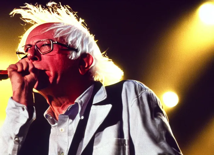 Image similar to publicity photo still of bernie sanders in motley crue live on stage 1 9 8 8, 8 k, live concert lighting, mid shot