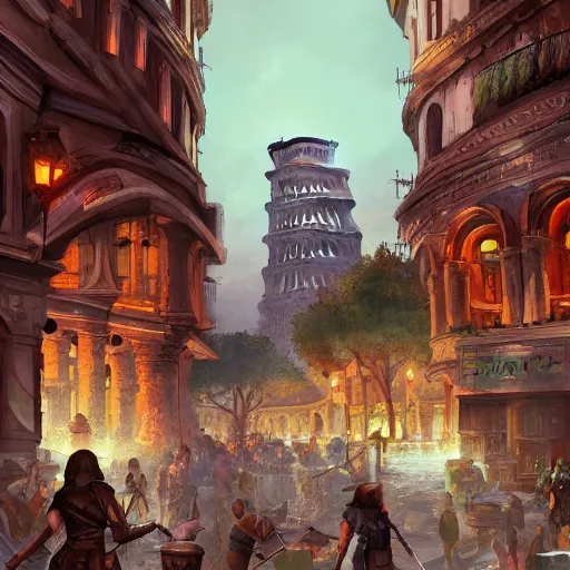 Image similar to bustling d & d city with a distant colosseum, first person street view, artstation