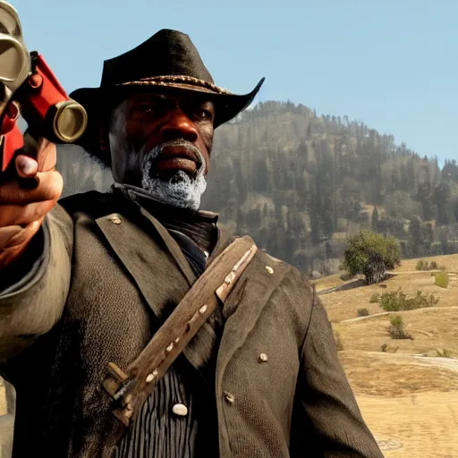 Image similar to film still of Sam Jackson in the Red Dead Redemption movie