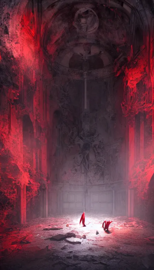 Prompt: a demonic female creature battles astaroth in an abandoned church in the vatican, 8 k, soft lighting, hdr, octane render, cinematic, red fluid on walls of the church, creature design by yasushi nirasawa, smoke, photorealistic, bokeh
