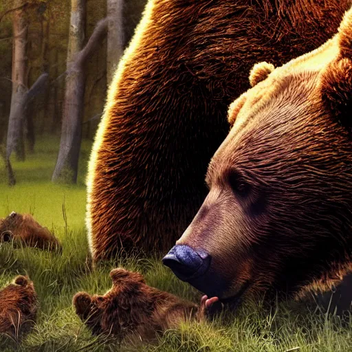 Image similar to bear eating human, ultra realistic, digital art, rich deep colors, smooth shadows, high resolution, cinematic