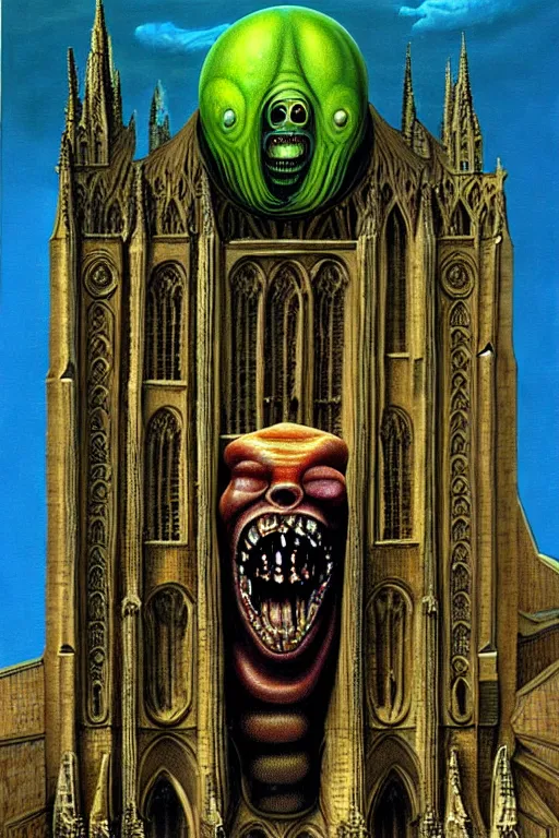 Image similar to a hyperrealistic painting of a flying biopunk alien monstrosity eating a cathedral, by chris cunningham and richard corben, highly detailed, vivid color,