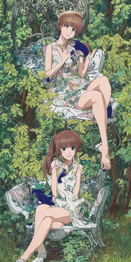 Prompt: the queen of good vibes sitting by herself on a sofa in a forest, drawn by CloverWorks, intricate detail, elegant,