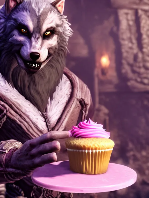 Image similar to cute handsome cuddly burly surly relaxed calm timid werewolf from van helsing holding a cute cupcake with pink frosting in a candy shop sweet unreal engine hyperreallistic render 8k character concept art masterpiece screenshot from the video game the Elder Scrolls V: Skyrim