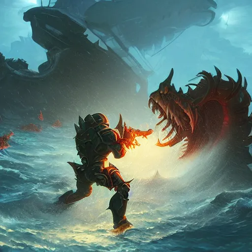 Prompt: Doomslayer fighting ocean demons, artstation, high detail