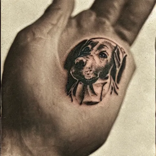 Image similar to a mid 1 9 0 0 s photograph of the back of a hand with a tattoo of a dog on it