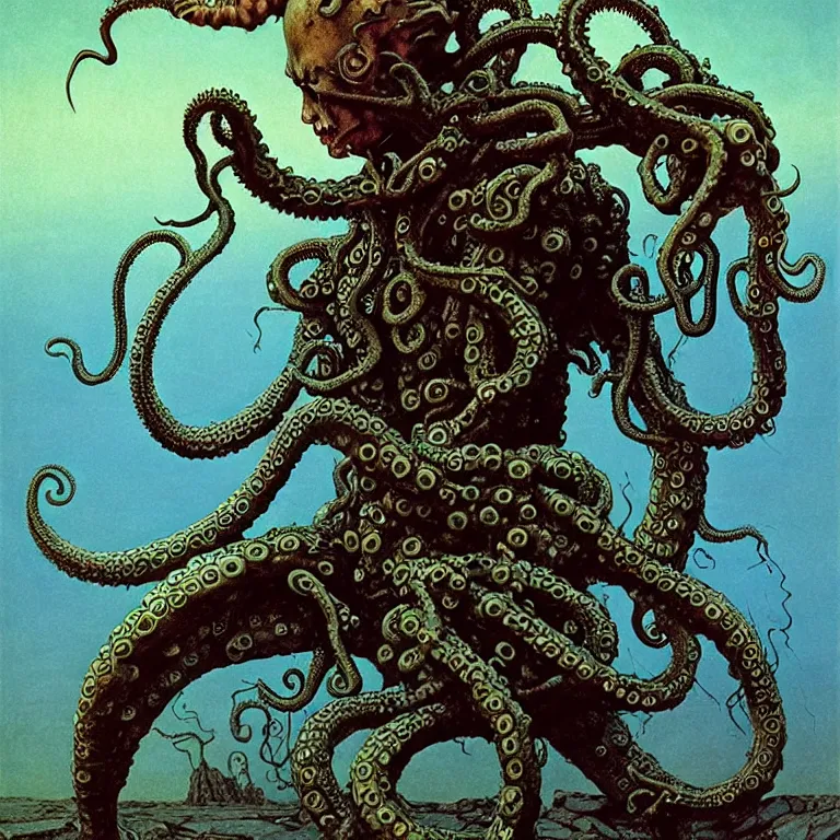 Image similar to A detailed blue-eyed human with tentacles growing out of his head and with armored joints stands with a pebble in hands. Wearing a ripped mantle and boots. Extremely high details, realistic, fantasy art, solo, masterpiece, art by Zdzisław Beksiński, Arthur Rackham, Dariusz Zawadzki