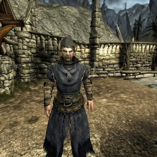 Prompt: screenshot of a Skyrim NPC, dark village