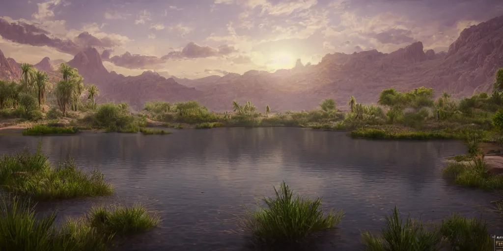 Prompt: a hyper realistic professional photographic view picture of a small lake in a desert, photographic filter unreal engine 5 realistic hyperdetailed 8k ultradetail cinematic concept art volumetric lighting, fantasy artwork, very beautiful scenery, very realistic painting effect, hd, hdr, cinematic 4k wallpaper, 8k, ultra detailed, high resolution, artstation trending on artstation in the style of Albert Dros glowing rich colors powerful imagery nasa footage drone footage drone photography