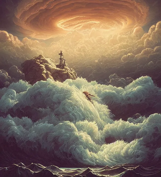 Image similar to a giant 🌊 swirling in the sky above a barren 🏜 by ivan shishkin and zacharias aagaard and simon stalenhag and dan mumford and josan gonzalez, surrealism, chiaroscuro, hyper detailed, desaturated, retrowave