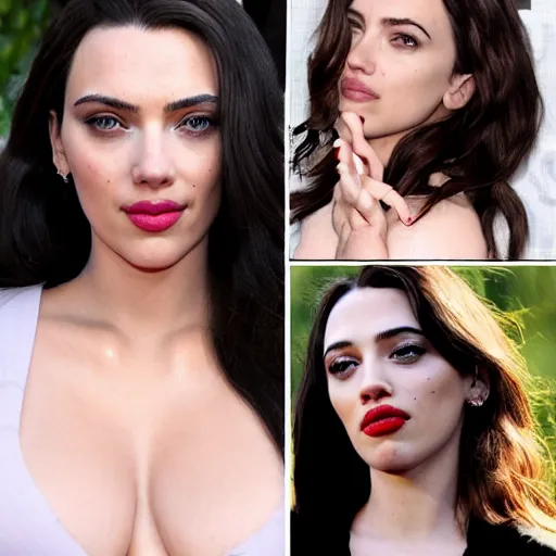 Image similar to a woman who is a genetic combination of kim kardashian and kat dennings and scarlett johansson and margot robbie and emma watson, face and upper - body focus, detailed eyes