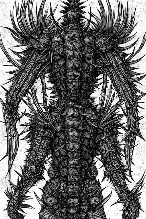 Image similar to thistle humanoid heavily armoured, symmetrical, highly detailed, digital art, needles, thorns, cactus, sharp focus, trending on art station, kentaro miura manga art style