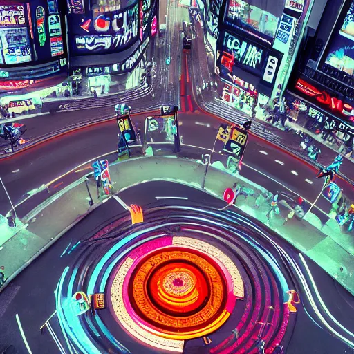 Prompt: shibuya crossing, psychedelic, spiral clock, octane render, 4K, HD