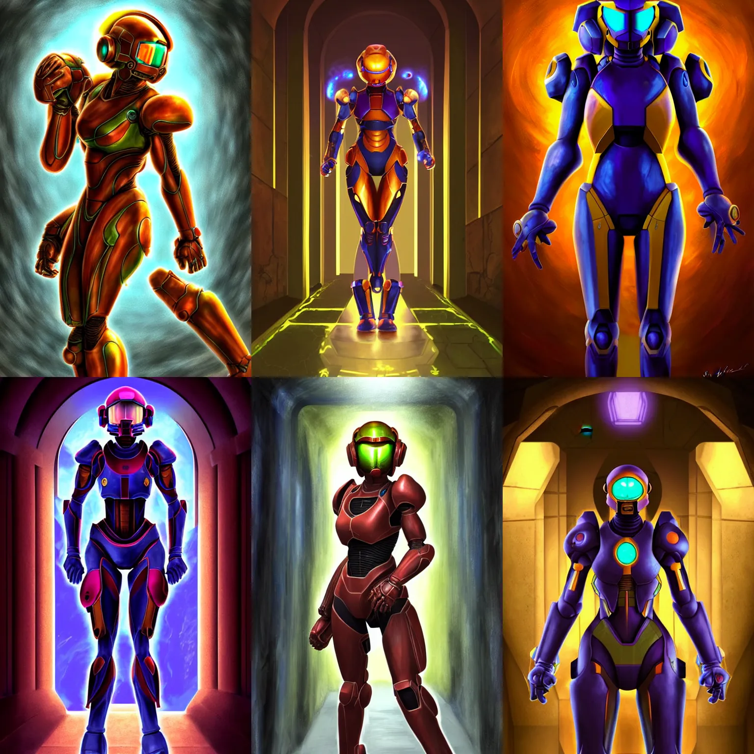 Prompt: character portrait of samus aran from metroid wearing the gravity suit walking through an ancient temple hallway, 8 k, realistic shading, symmetrical face details, digital painting, matte painting, concept art, illustration, halo infinite, good value control, vibrant colors, john singer sargent