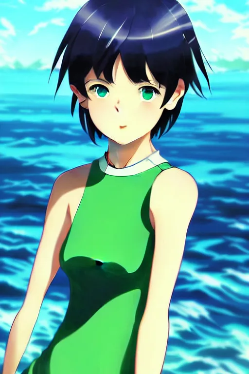 Image similar to makoto shinkai, artgerm, ilya kuvshinov, beautiful anime women with green dress, long blue hair, water powers water swirling, symmetrical face, symmetrical eyes, detailed, beach setting, cinematic lighting