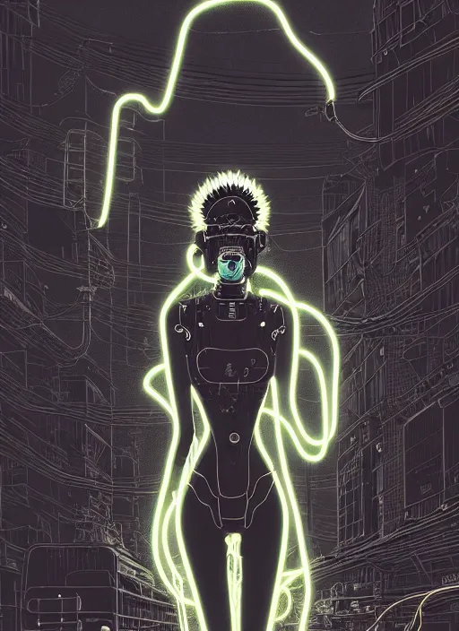 Image similar to highly detailed portrait of wasteland punk long curly neon white plasma electricity hair tribal lady, stray electric spark wiring by atey ghailan, james gilleard, by joe fenton, by greg rutkowski, by greg tocchini, by kaethe butcher, 4 k resolution, gradient yellow, black and white color scheme!!! ( ( lightning cloudy robotic dystopian city background ) )