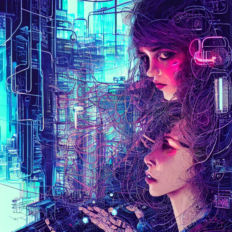 Prompt: dreamy cyberpunk girl, abstract smoke neon, digital nodes, computer network, beautiful woman, detailed acrylic, grunge, intricate complexity, by dan mumford and by alberto giacometti, arthur rackham