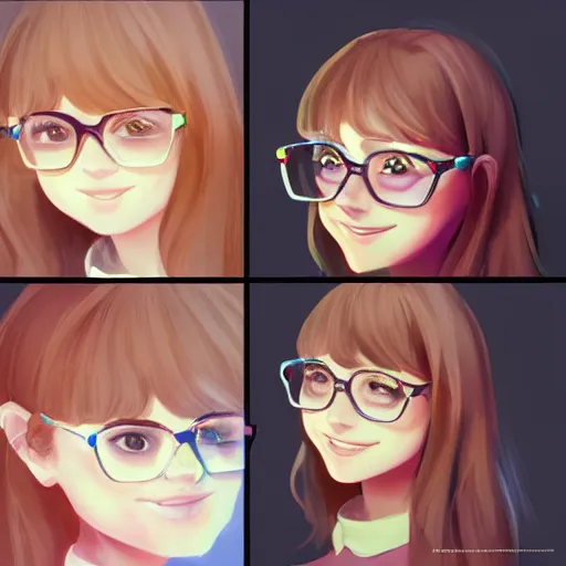 Prompt: portrait of a smiling young teenage girl ( joey king ), light brown long wavy hair, clear blue eyes, pink glasses, in the style of makoto shinkai and artgerm and loish, dynamic lighting trending on artstation